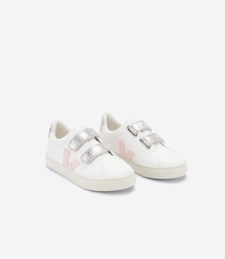 Veja Kids Velcro Trainers Esplar Leather White Pink Silver