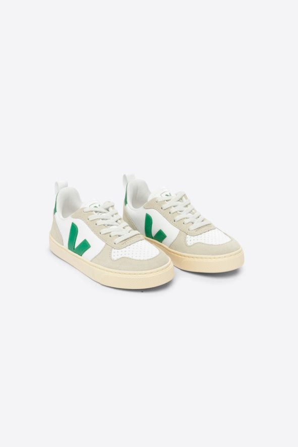 Veja V-10 Lace Leather Trainer | White, Emeraude & Almond