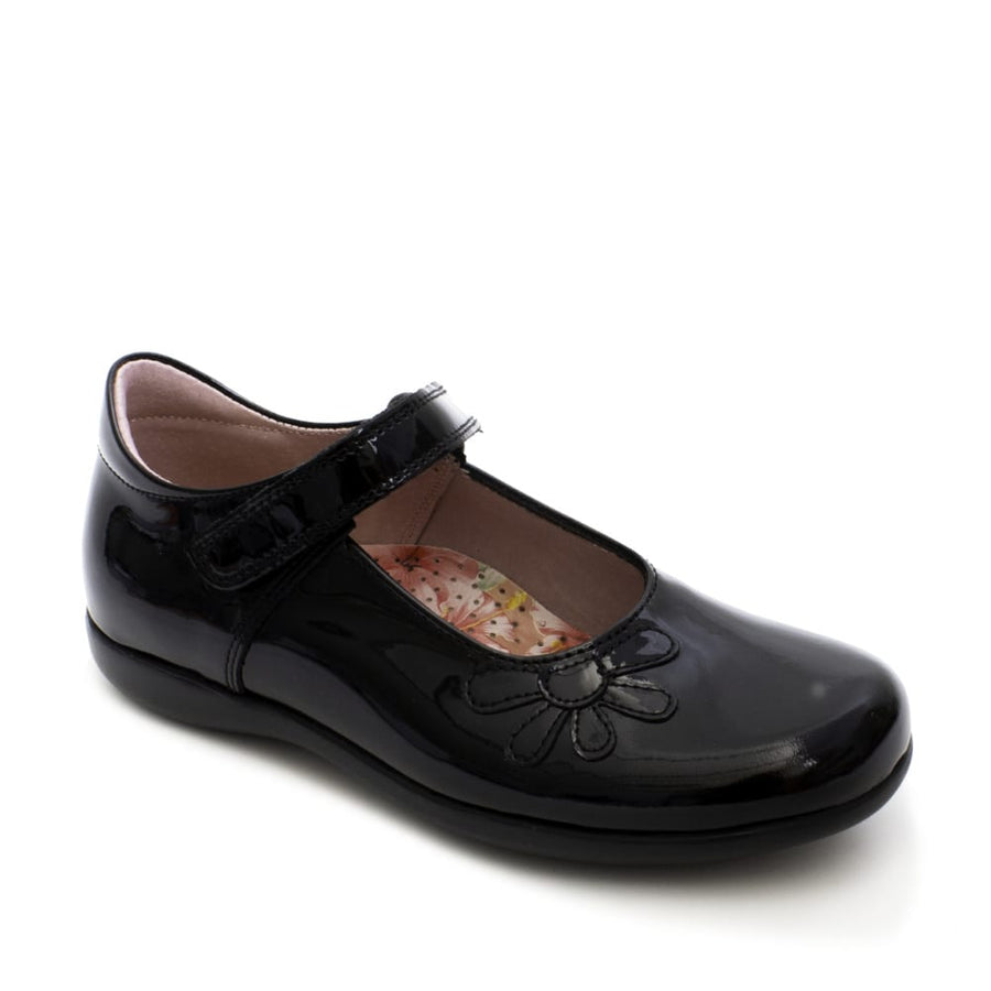 Petasil Bonnie | Girls Velcro School Shoe | Black Patent