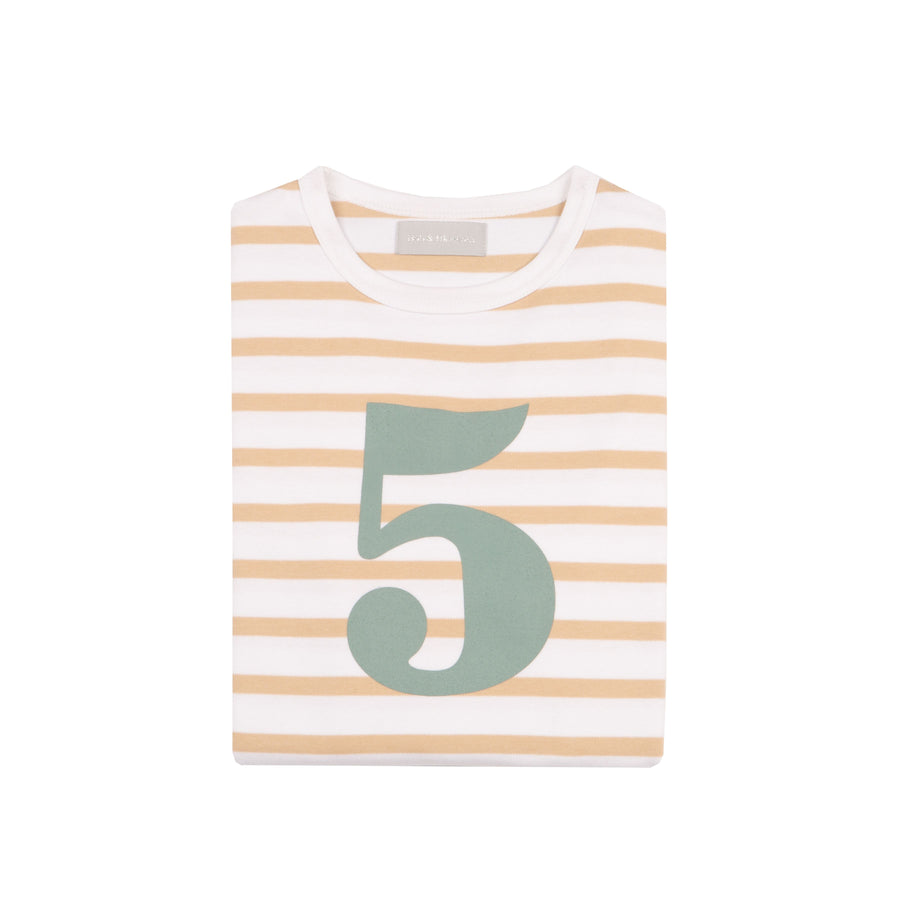 Bob and Blossom Number T-Shirts | Biscuit, White & Green Striped